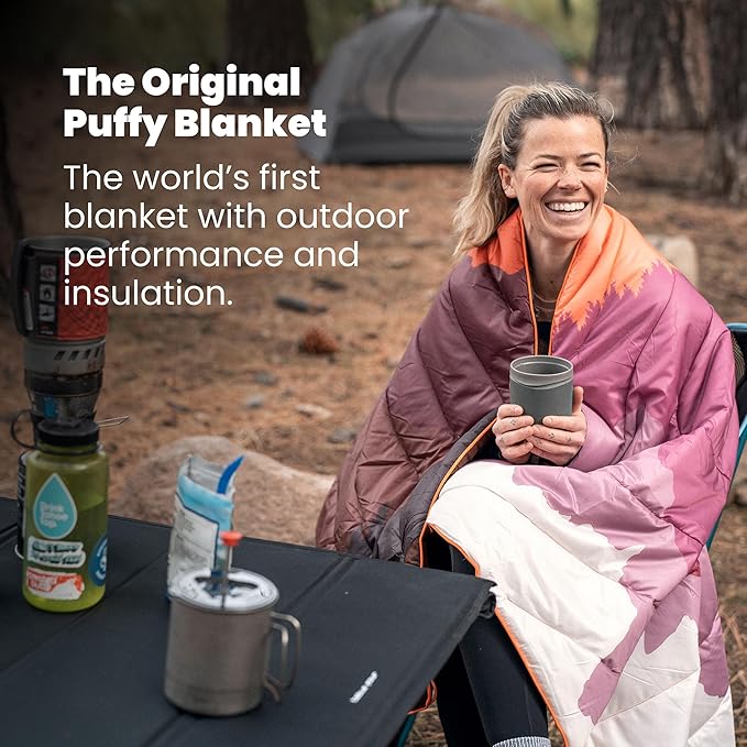 Rumpl Original Puffy Blanket - Warm, Water-Resistant Camping Blanket with 100% Recycled Synthetic Insulation, 52"x75", Original Puffy V2, Valley Dawn