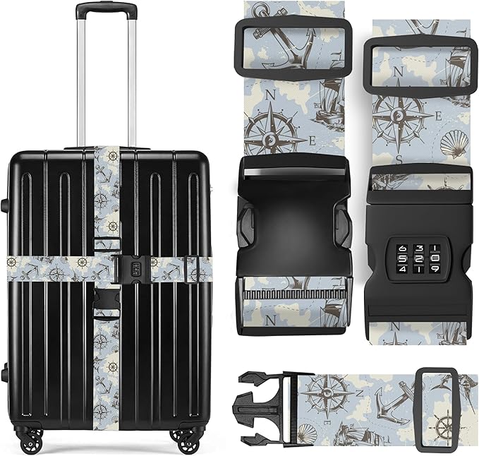 2 Pack Luggage Straps, Adjustable Cute Printing with Combination Lock Luggage Straps for Women Men Travel School Business Trips-Sailing