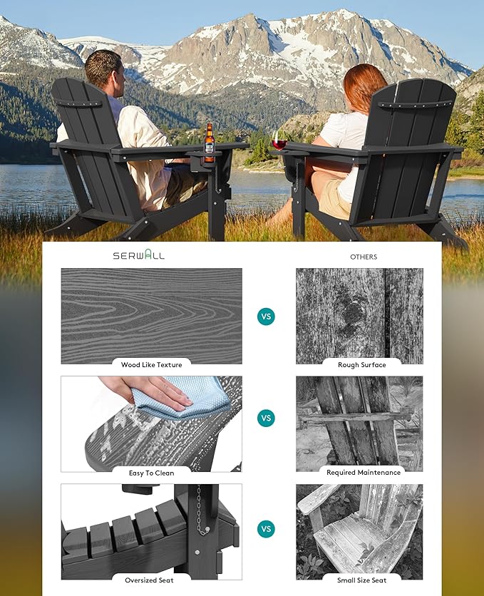 SERWALL Foldable Adirondack Chair Set of 8, Oversized HDPE Adirondack Chair with Wood-Texture-Gray
