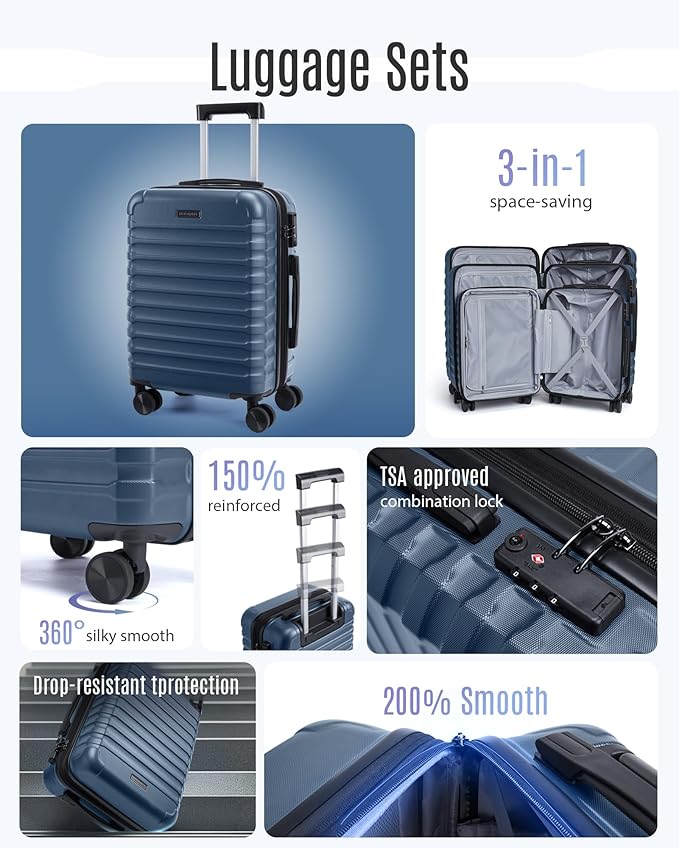 LIGHT FLIGHT Luggage Sets, 3 Piece Durable Suitcase Set with Spinner Wheels, 3 Pcs Hard Shell Lightweight Luggage with TSA Lock, Large Checked Travel Suitcases, 20/24/28 Inch, Royal Blue