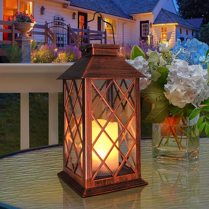 [2 Pack] TAKE ME 14" Solar Lantern Outdoor Garden Hanging Lantern Waterproof LED Flickering Flameless Candle Mission Lights for Table,Outdoor，Mothers Day Gifts Mom Wife