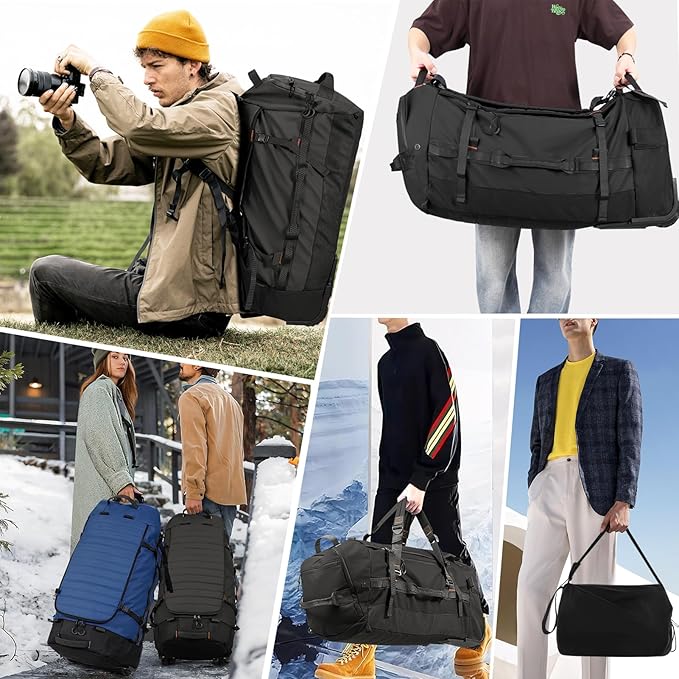 86L 30” Folding Duffle Backpack with 2 Wheels,Travel Bag with Separate Shoe Compartment,Black