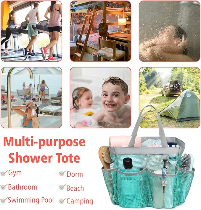 F-color Mesh Shower Caddy Portable with Dividers - Upgrade Deeper 7 Pockets Dorm Room Essentials with S Hook, Shower Bag Basket Tote for Guys Girls College Camping Toiletry Bathroom, Mint Green