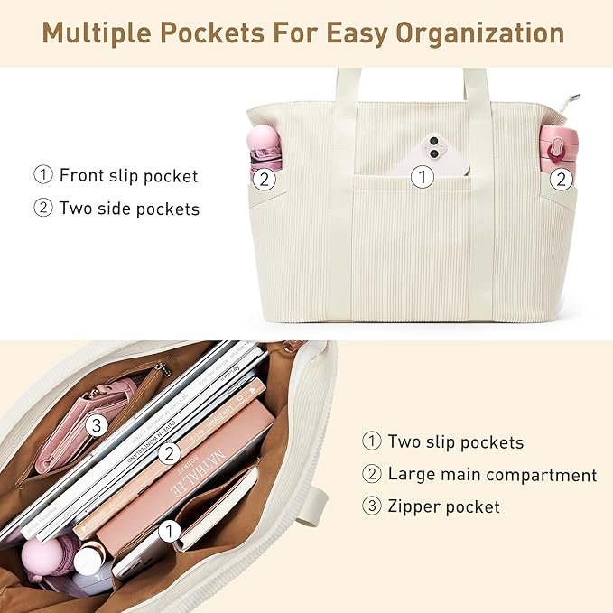 Tote Bag for Women with Zipper, Travel Tote Bags with Compartments Large Shoulder Bag Handbag for Gym Work School
