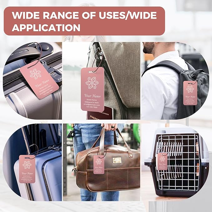 Personalized Luggage Tags, Custom Luggage Tags 4 Pack TSA Approved Double Sided Laser Engraving, Metal Luggage Tag for Suitcases with Stainless Loops, Name Tag for Bags, Backpacks (Pink)