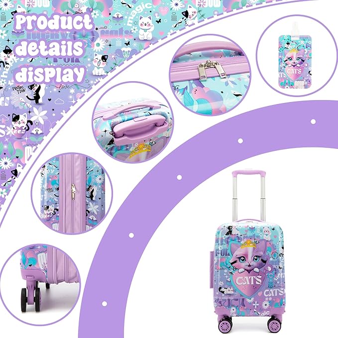 Kid’s Luggage Set 5 Piece Suitcase Set 16’’ Hardside Luggage with Spinner Wheels Girls Carry on Toddler Travel Rolling Suitcase Carry on Luggage Airline Approved