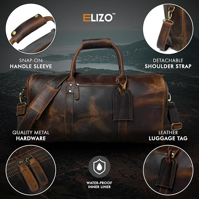 ELIZO Leather Duffle Bag For Men Women REAL FULL GRAIN Travel Overnight Weekender Carry On Luggage Sports Gym Bags (Antique 20 Inch) Nomad
