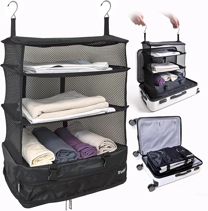 Grand Fusion Stow-N-Go Travel Luggage Organizer – Portable Hanging Travel Shelves, Carry-On Closet Organizer, Hanging Packing Cubes, Collapsible Carry-On Organizer for Cruises & Hotels. Black - XL
