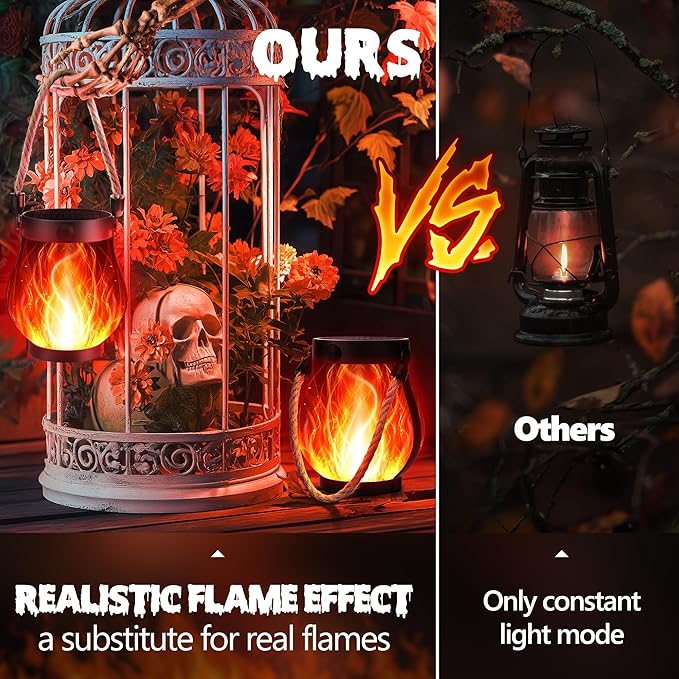 Halloween Solar Flame Lantern Hanging Outdoor Waterproof Purple - 2 Pack Flame Lanterns with Dual Charging Modes of Solar & USB for Garden or Yard Halloween Decorations (Red - 2 Pack)
