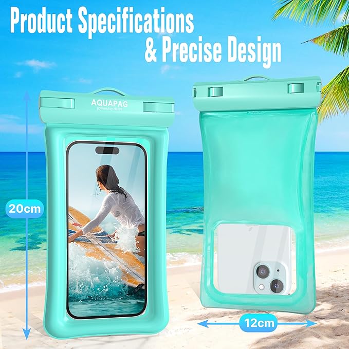 NEPHI IP68 Waterproof Phone Pouch 2 Pack-Up to 8.0"，Adjustable Neck Lanyard Floating Waterproof Phone Case for iPhone,Phone Dry Bags for Vacation Beach Pool Travel Essentials (Aqua Green White 2 pack)