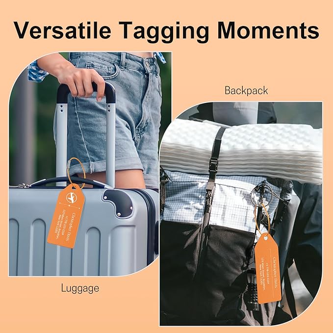4 PCS Personalized Metal Luggage Tag – Personalized Engraved Suitcase Tag, Backpack Tag, with Matching Color Strap, Waterproof Suitcase Name Badge – Ideal Corporate Gift & Travel Accessory (Orange)