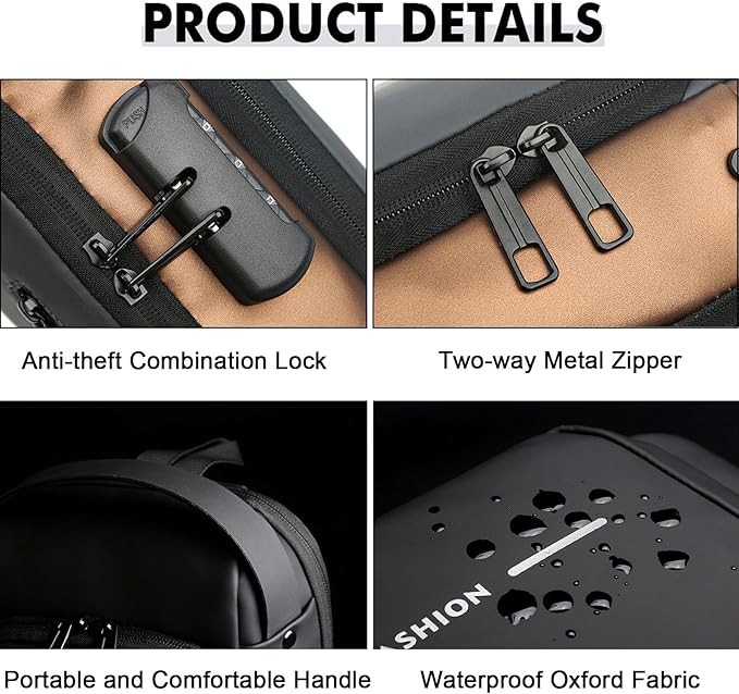 Sling Bag for Men Anti-theft USB Crossbody Shoulder Backpack Purse Waterproof PU Leather Chest Bag Travel Daily Use
