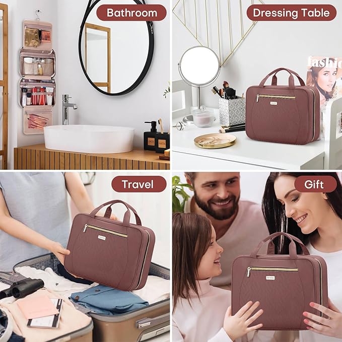 Hanging Toiletry Bag for Women Travel, 2 Sizes Large & Small Waterproof Cosmetic Organizer with 4 Compartments, Rotating Hook, Foldable Pink Travel Bag for Toiletries & Makeup Red Sandalwood