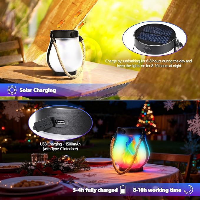 Halloween Solar Flame Lantern Hanging Outdoor Waterproof Purple - 2 Pack Flame Lanterns with Dual Charging Modes of Solar & USB for Garden or Yard Halloween Decorations (Multicolor - 1 Pack)
