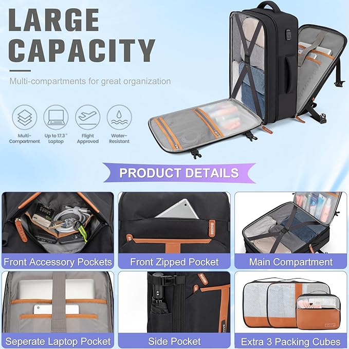 42L Travel Laptop Backpack, Expandable Carry-on Luggage, Anti-Theft Business Weekender Bag with USB Port, 3 Packing Cubes & Shoe Bag (Black)