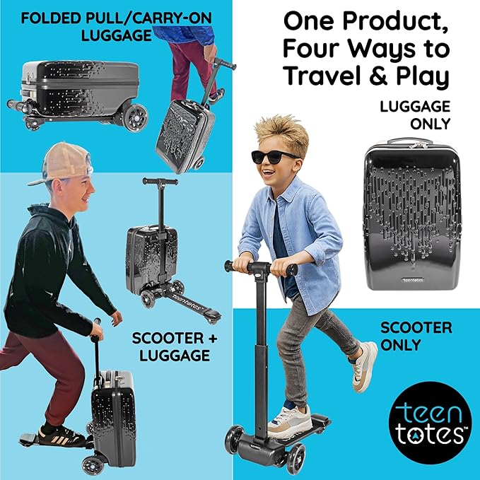 Teen Totes Detachable 4-in-1 Scooter Luggage for Kids – Ride-On Suitcase with Removable Luggage Body, Adjustable Handlebar, Durable Deck & Brake, Carry-On Size – Travel & Play