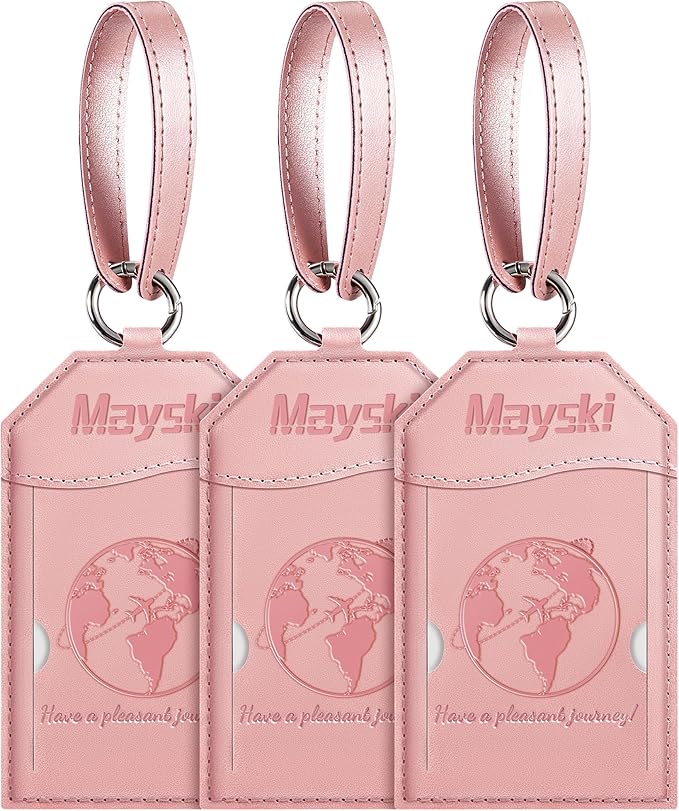 Mayski Luggage Tags for Suitcases 3 Pack Suitcase Bag Tags, TSA Approved, Metal Buckle, Bag Tags with Name ID Card Travel Essentials, Rose Gold Global