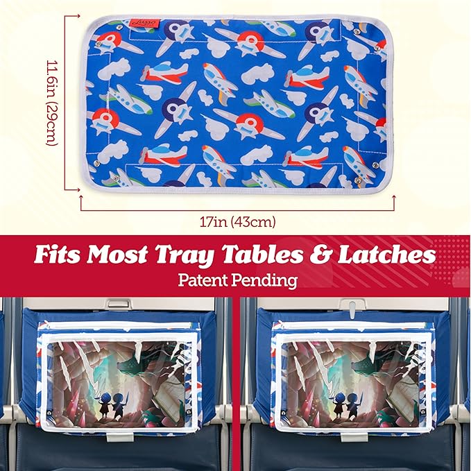 Lusso Gear Kids Airplane Tray Cover with Pockets - Airplane Essentials for Toddlers - Kids Travel Tray for Plane or Train - Organize Toys, Snacks - Tablet Holder - Flying Must Have (Dinos)