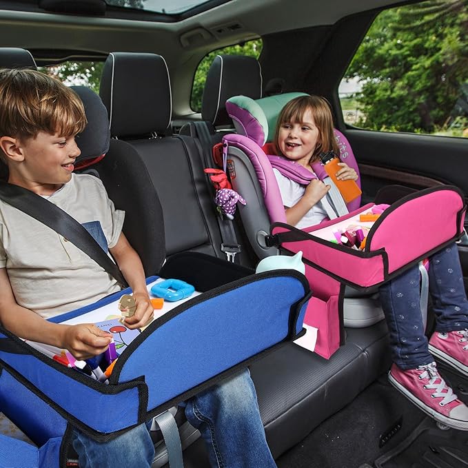 Kids Travel Tray for Car Seat, Toddler Road Trip Essentials With Drawing Kit, Travel Activities Must Haves (Navy Blue-2PCS)
