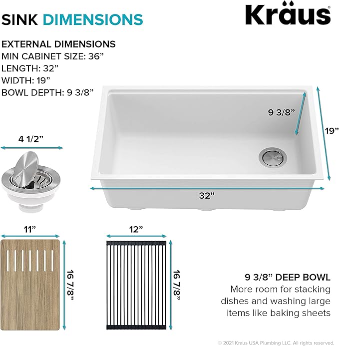 KRAUS Bellucci Workstation 32 in. Undermount Granite Composite Single Bowl Kitchen Sink in White with Accessories with WasteGuard™ Continuous Feed Garbage Disposal, KGUW1-33WH-100-75MB