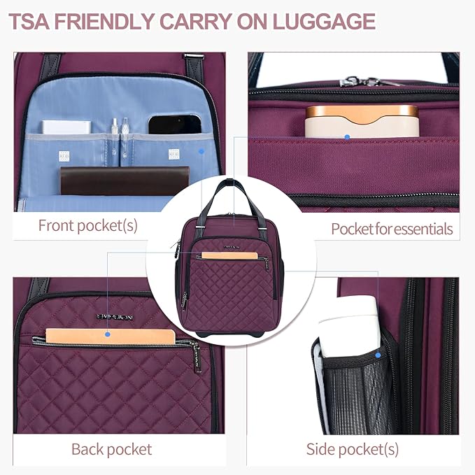 EMPSIGN Underseat Carry On Wheeled - 16" Carry on Bag with Wheels Multi-functional Lightweight Rolling Bag Overnight Weekender Small Suitcase for Women Men Travel Business, Burgundy