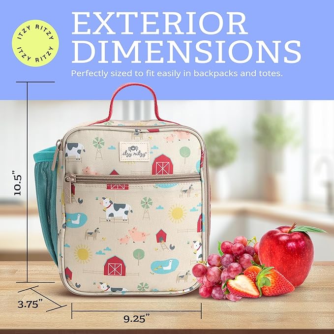 Itzy Ritzy Toddler Lunch Box - Kids Lunch Bag is Insulated and Includes Water Bottle Holder Plus 2 Pockets - Durable, Easy to Clean Toddler Bag (Farm)