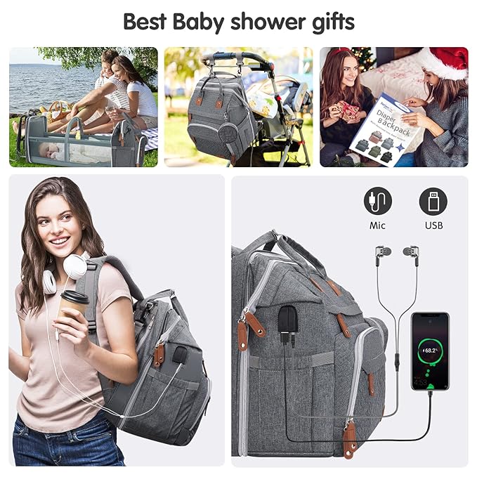 DERJUNSTAR Diaper Bag Backpack – Large Capacity Baby Diaper Bag with Changing Pad, Waterproof Travel Backpack for Boys & Girls, Multi-Function Baby Bag with USB Charging Port, Grey