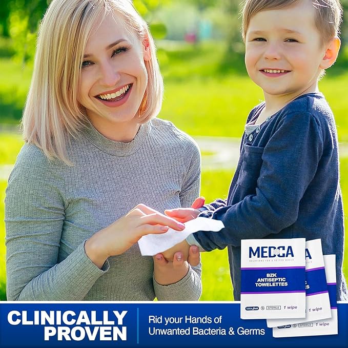 Benzalkonium Chloride Towelletes Hand Wipes – (Pack of 200) Chloride Swabs Individual BZK Single-Use Packets by MEDca 5"x6"