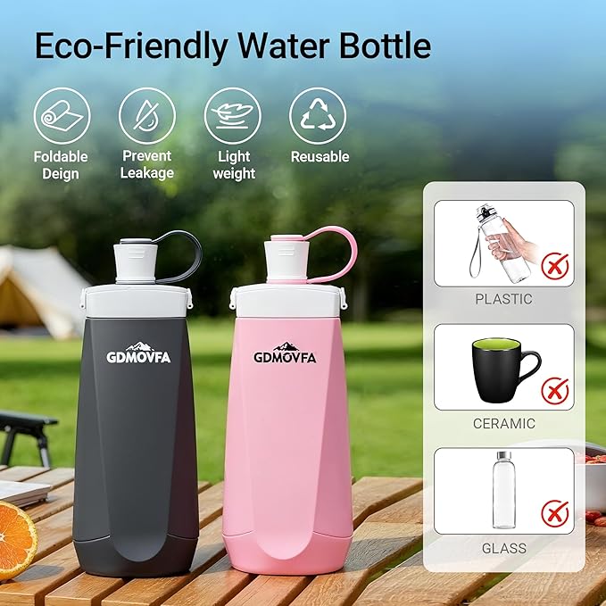 Collapsible Water Bottles,20oz Reusable Silicone Foldable Water Bottle,Portable Leak-proof Travel Water Bottle for Traveling Camping Hiking Cycling Yoga Sports Outdoor (Pink)