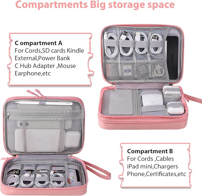 DDgro Charge Organizer Case Bag, Electronics Travel Pouch for Cable & Cords, Tech Accessories (Large, Pink)