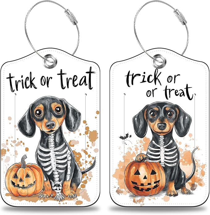 Halloween Funny Dachshund Dog and Pumpkin Set of 2 Luggage Tags for Suitcases Leather Suitcase Tags with Privacy Name Address Label and Stainless Steel Loop for Women Men Travel Luggage Accessories