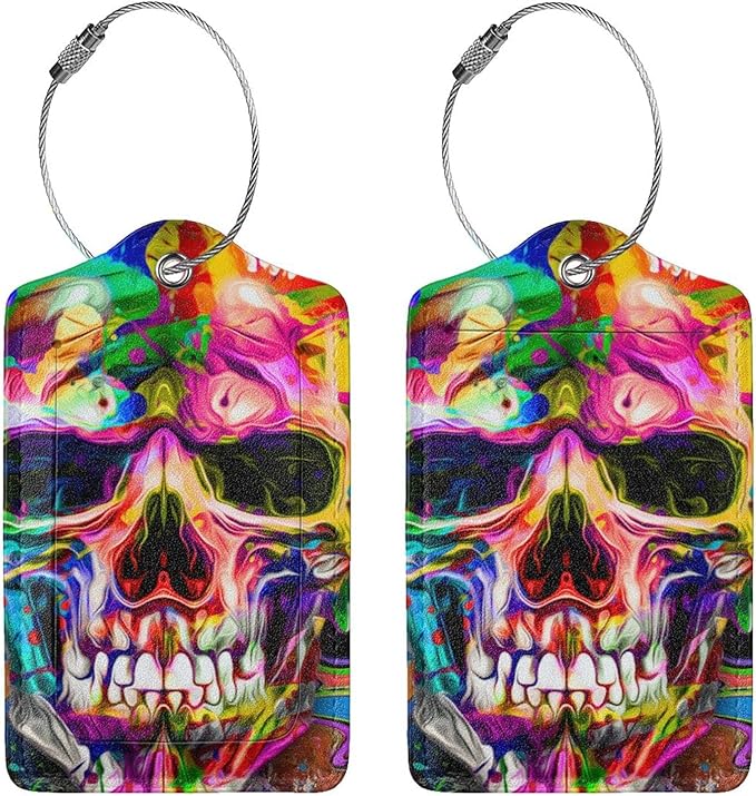Artistic Skull Leather Luggage Tags for Suitcases with Cool Pattern Print, Waterproof Private Name ID Labels for Travel Baggage Bag Suitcase Lunch Box, Cruise Ships, Travel Accessories Tags