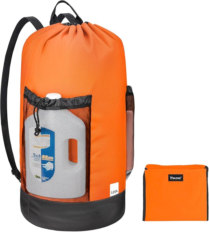 BALEINE 120L Laundry Bag Backpack, 900D Oxford Fabric Large Travel Laundry Bags with Shoulder Straps and 2 Mesh Pockets for College Dorm, Apartment, Laundromat (Orange, 120L)