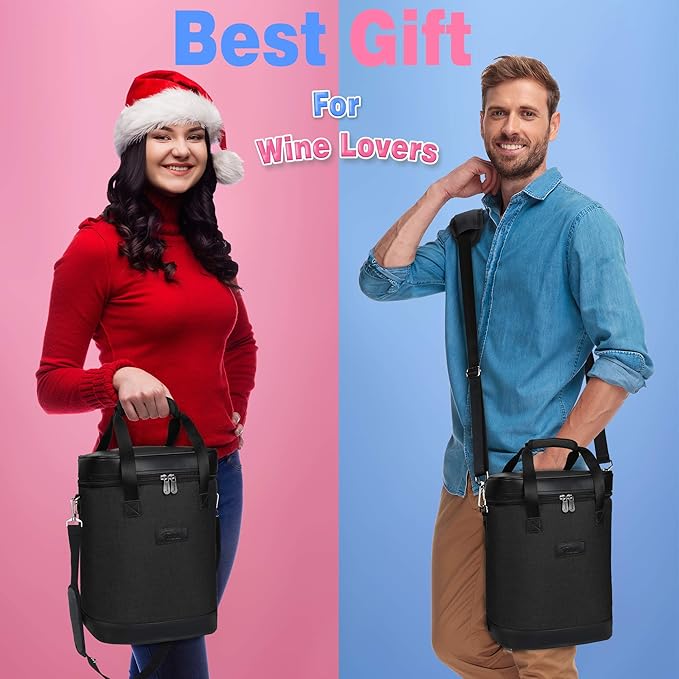 Tirrinia 6 Bottle Wine Cooler Bag - Insulated Padded Portable Versatile Wine Gift Carrier Tote Bag for Travel, BYOB Restaurant, Wine Tasting, Party, Pecfect Gift for Wine Lover, Black