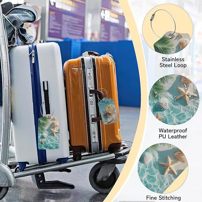 Starfish Seashell on Beach Luggage Tags for Suitcase,3 Pack Luggage Tag Leather Privacy Cover ID Label with Stainless Steel Loop for Women Men