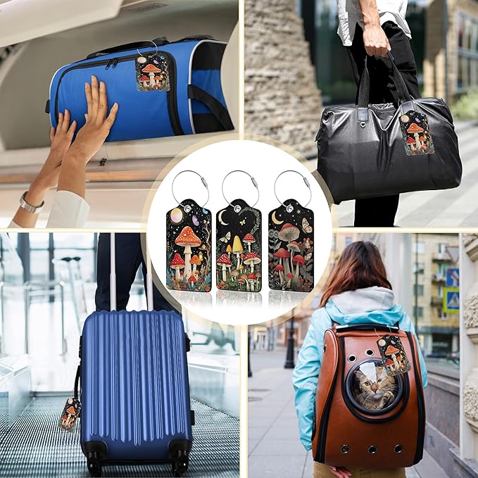 3 PCS Mushroom Luggage Tags,Colorful Butterfly Moon Star Suitcase Tags Privacy Cover ID Label with Stainless Steel Loop and Address Card for Travel Bag Suitcase