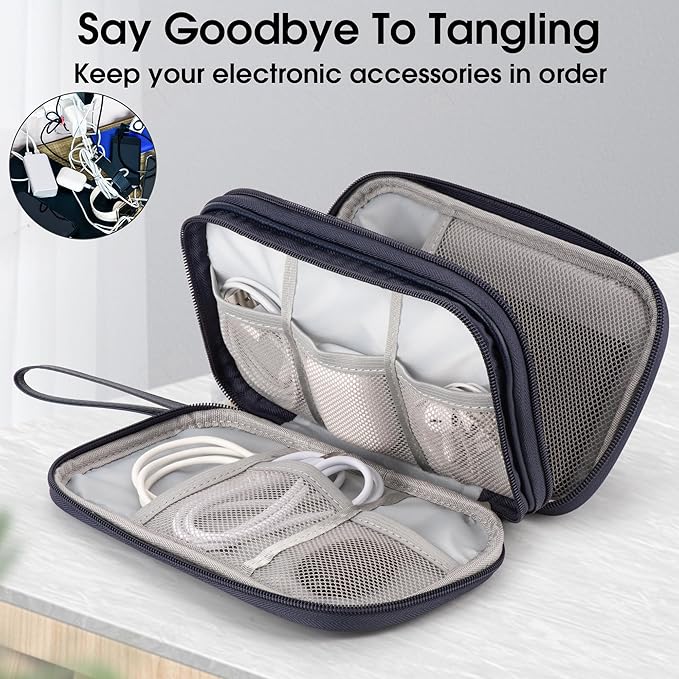 Leather Travel Electronic Organizer - Double Layer, Waterproof Case for Cables, Chargers, Phones & More - Portable, Shockproof Pouch for All Your Electronics Accessories (Dark Blue, M)