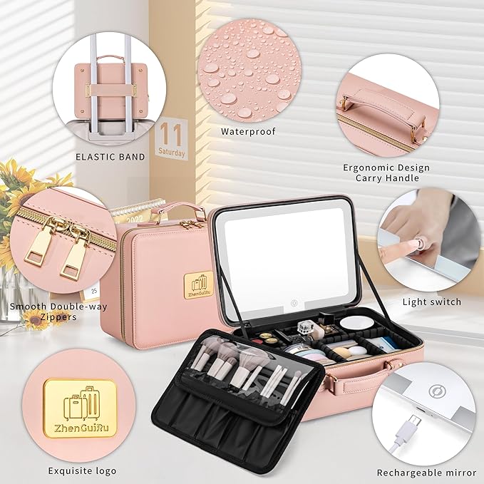 Makeup Bag with LED Mirror & Magnifier, Large Cosmetic Organizer Travel Makeup Case with Adjustable Brightness & 6 Detachable Dividers, Portable Makeup Storage for Women Girls (Pink)