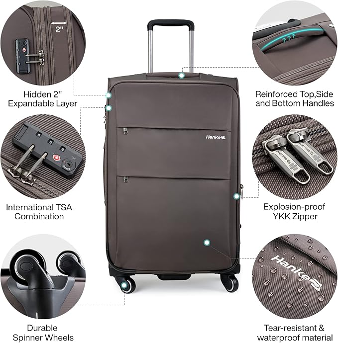 Hanke 20/24/28 Inch 3 Piece Luggage Set with Spinner Wheels Expandable Luggage Large Suitcases with Wheels Softside Checked Luggage Rolling Suitcase with Lock Lightweight Travel Luggage.(Coffee)