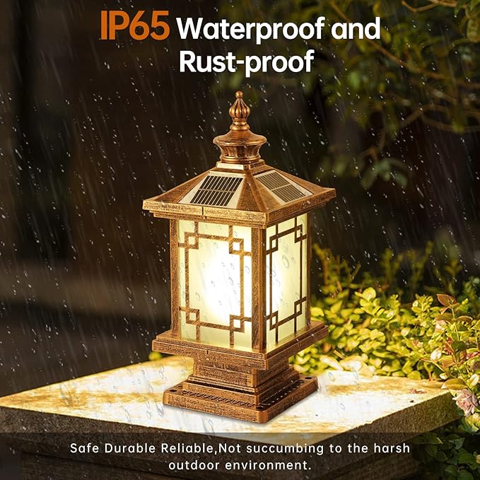 LED Solar Post Light Outdoor, Aluminum Fence Post Cap Lamp Remote Control Dimmable Pillar Lights Solar IP65 Waterproof Column Light, 15.7" X 7.3" Pillar Pedestal Lantern for Garden Yard