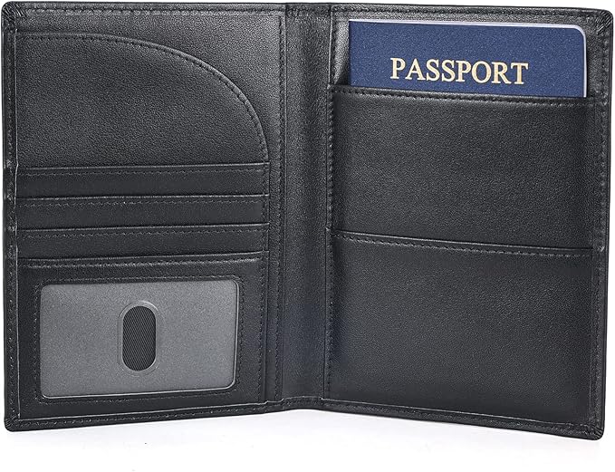 Polare Napa Leather Passport Holder RFID Blocking Travel Bifold Wallet Passport Holders 2 Passports (Black)