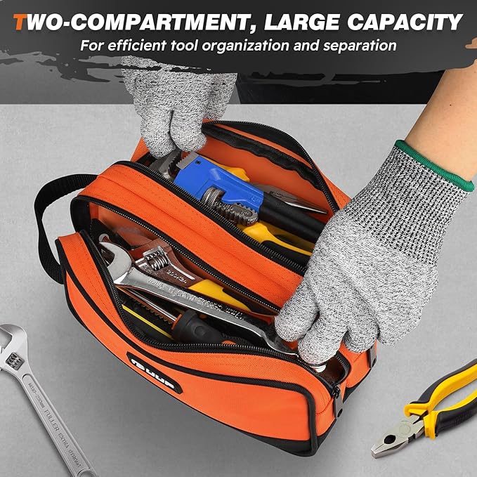 Small Tool Bag 2 Pack, Zipper Tool Pouch Two Compartments, 10 12 inch Utility ToolBag with Carrying Handle, Toolbox Storage Organizer for Electrician Mechanic, Gift for Men Dad, Orange/Green