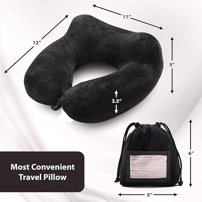 Inflatable Travel Neck Pillow: Extra-Soft, Cushion. for Airplanes, Trains, Cars, Portable Travel Accessory-with Carrying Pouch for Cell Phone and Passport Etc. (Black) (OW-103)