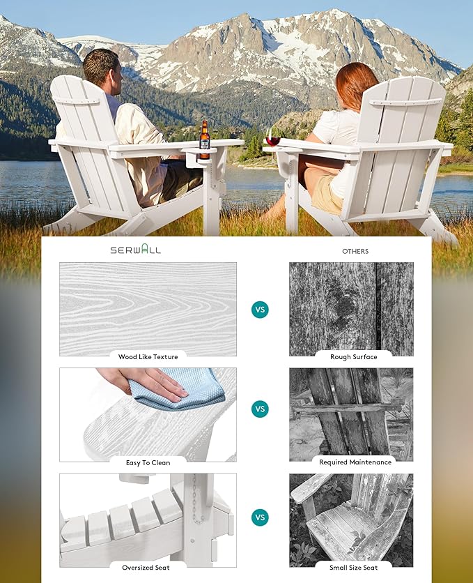 SERWALL Adirondack Chair with Cup Holders - Composite Adirondack Chairs Set of 6 HDPE Outdoor Chairs All Weather Use- White