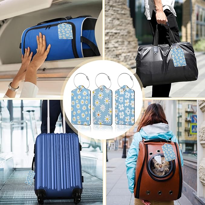 3 PCS Vintage Groovy Flowers Luggage Tags,Suitcase Tags Privacy Cover ID Label with Stainless Steel Loop and Address Card for Travel Bag Suitcase
