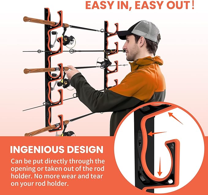 Fishing Rod Holder for Garage, H5 Wall or Ceiling Mounted Fishing Pole Holders with Soft Protective Pad, Fishing Rod Storage Organizer, Horizontal Fishing Rod Wall Mount Nets Storage (2 PACK)
