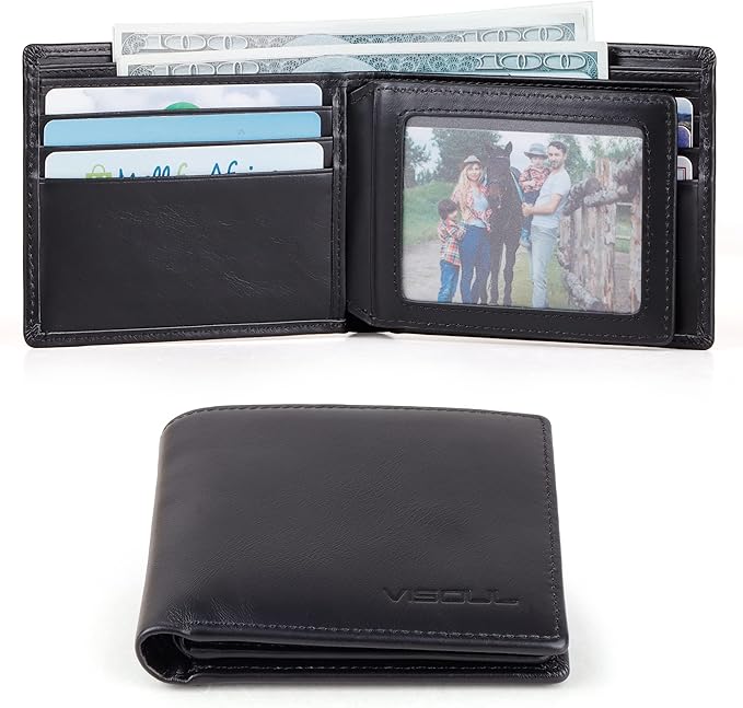VISOUL Leather Mens Bifold RFID Blocking Wallet with 2 ID Windows, Leather Wallet for Men (Leather, Black)