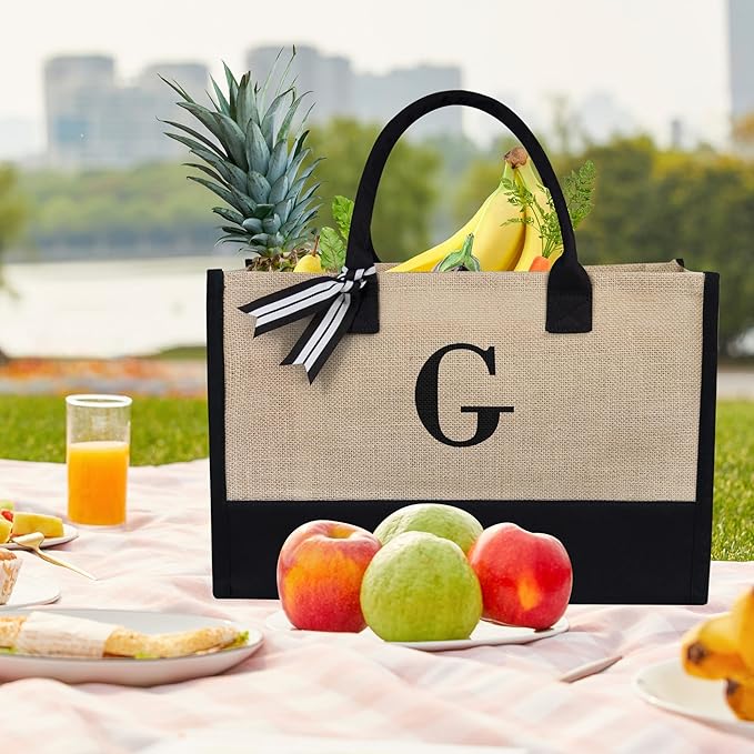 TOPDesign Initial Jute/Canvas Tote Bag, Personalized Present Bag, Suitable for Wedding, Birthday, Beach, Holiday, is a Great Gift for Women, Mom, Teachers, Friends, Bridesmaids (Letter G)