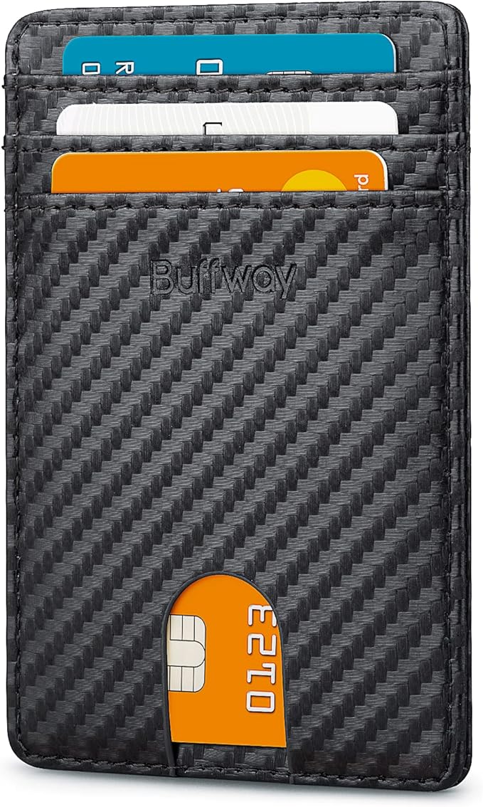 Buffway Mens Slim Wallet, Minimalist Thin Front Pocket Leather Credit Card Holder with RFID Blocking for Work Travel