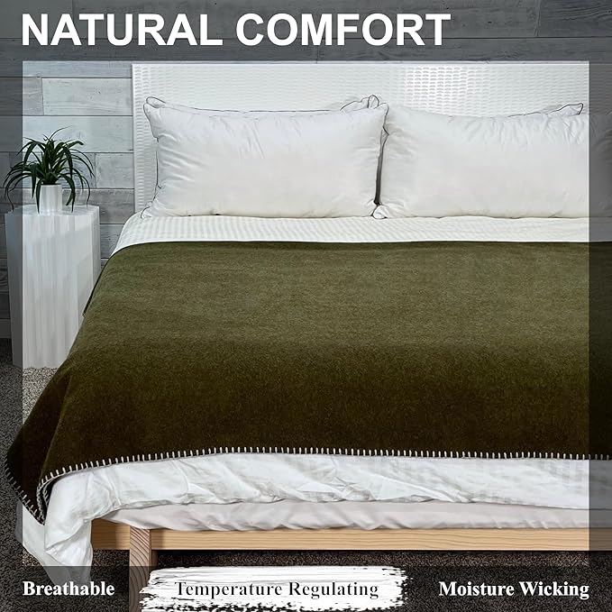 EKTOS 100% Virgin Wool Blanket, 90" x 66", Hunting Gear, Better Than Military Surplus (Olive Green, Twin Size)